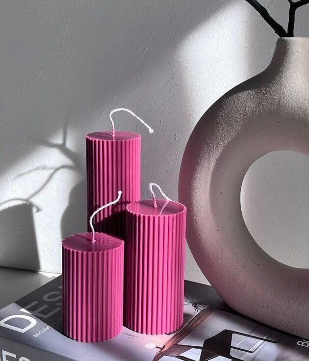Blush Ribbed Pillar Candles – Minimal Luxury Decor (Set of 3)