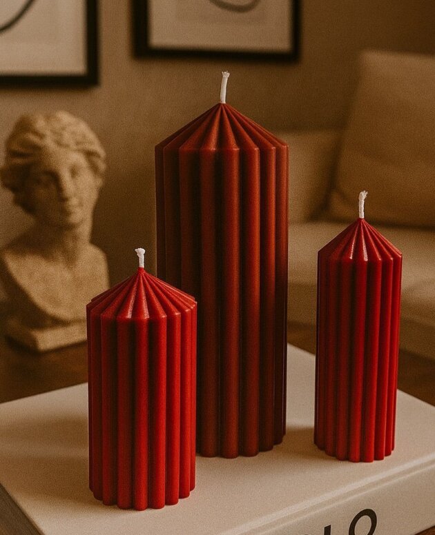 Imperial Ruby Faceted Pillar Candles – Luxury Sculptural Décor (Set of 3)