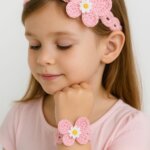 handmade pink crochet flower headband and bracelet set
