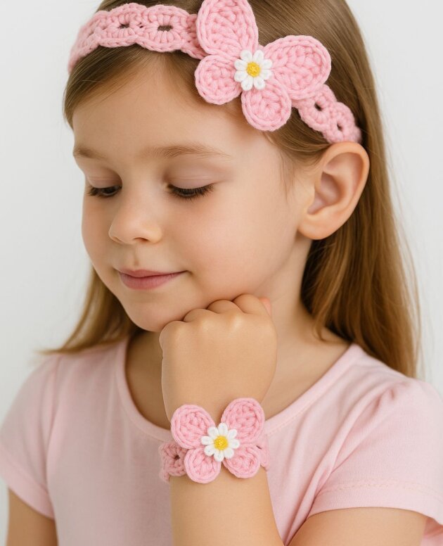 handmade pink crochet flower headband and bracelet set