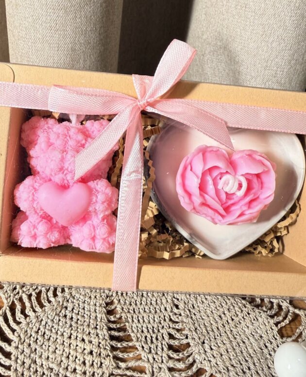 Premium Handmade Teddy & Heart Rose Candle Gift Set – Romantic Pink Edition Blush Love Duo Hamper