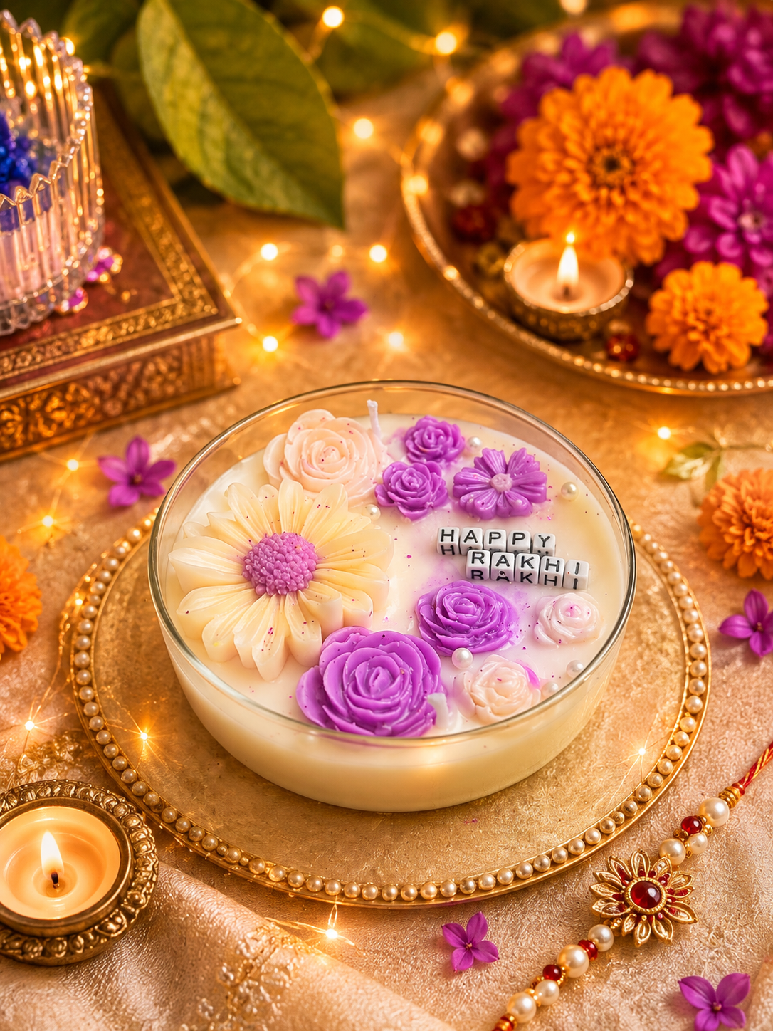 Happy Rakhi Floral Dessert Candle – Luxury Handmade Scented Candle - Image 2