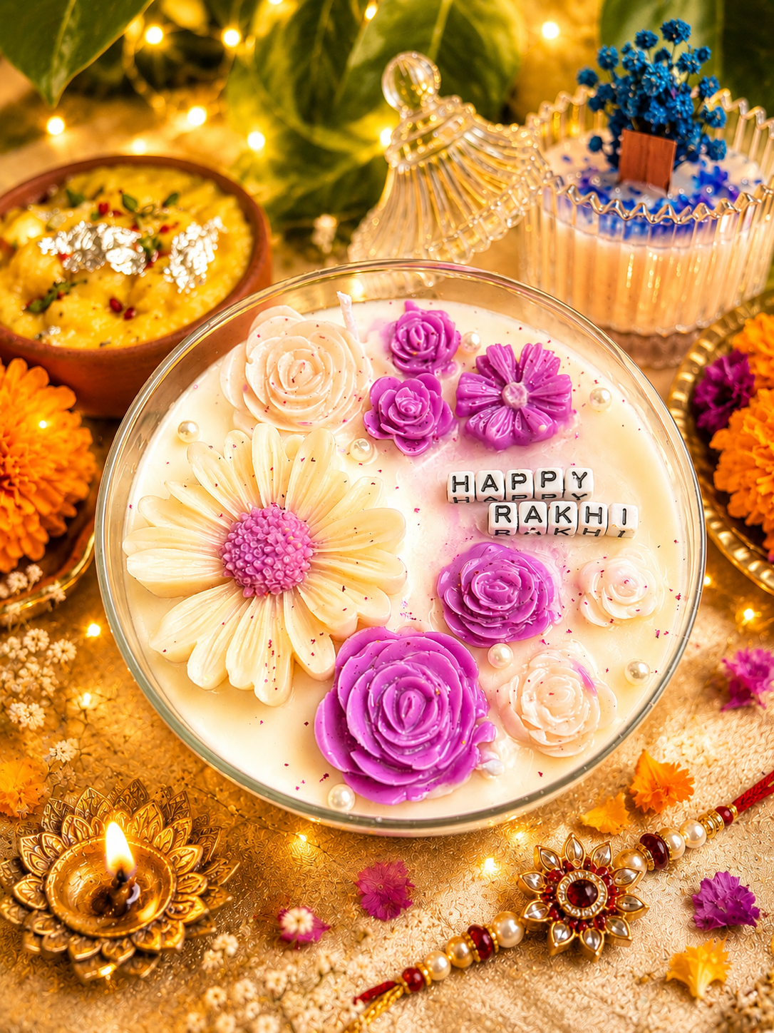 Happy Rakhi Floral Dessert Candle – Luxury Handmade Scented Candle - Image 3