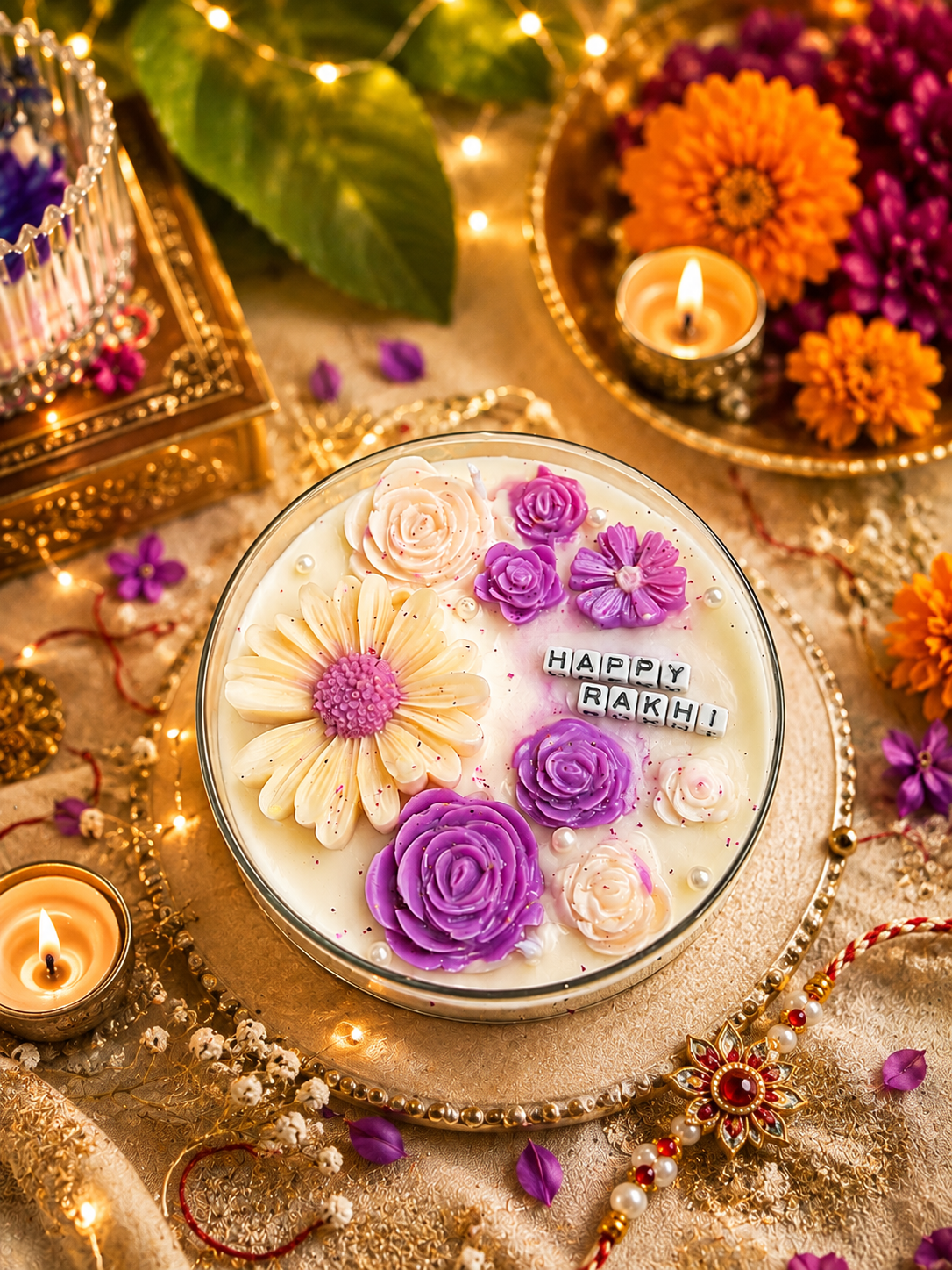 Happy Rakhi Floral Dessert Candle – Luxury Handmade Scented Candle